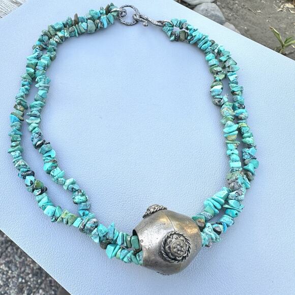 Vintage Turquoise Nugget Double Strand Necklace Silver Ethnic Tibetan Nepal - Picture 4 of 7
